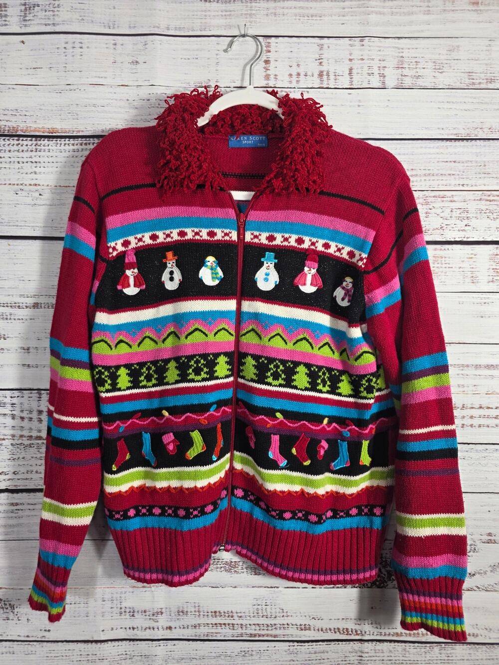Karen Scott Large Petite Holiday Christmas Sweater Zip Cardigan Snowman stocking